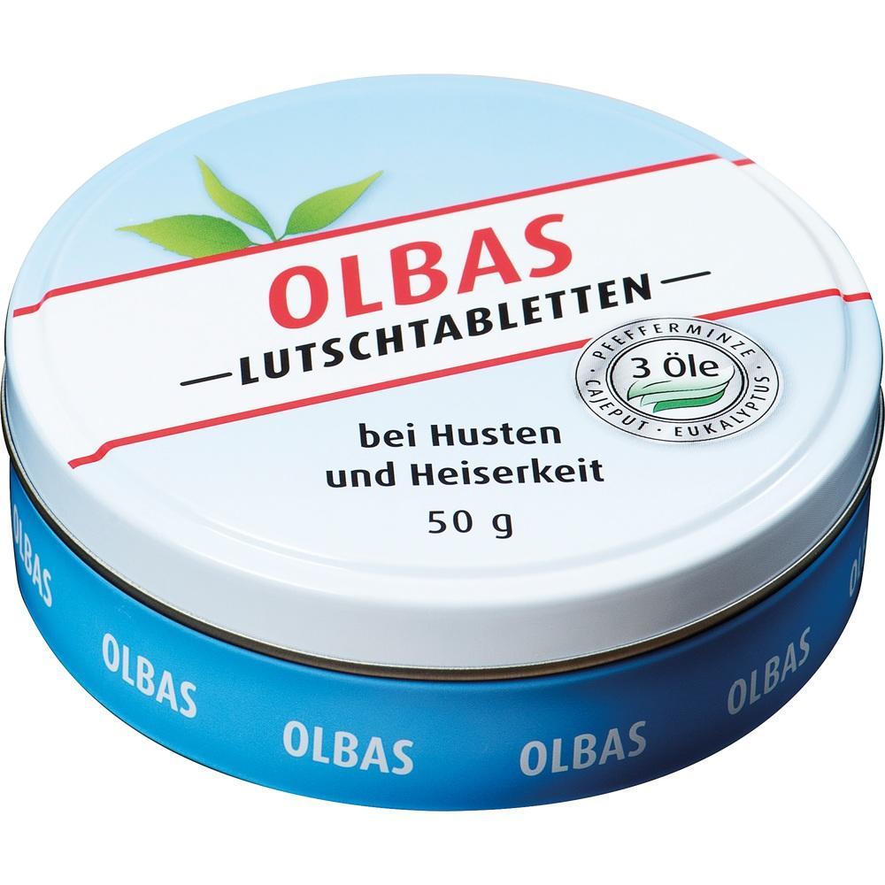 Runde Dose mit Olbas Lutschtabletten f&uuml;r Husten und Heiserkeit.