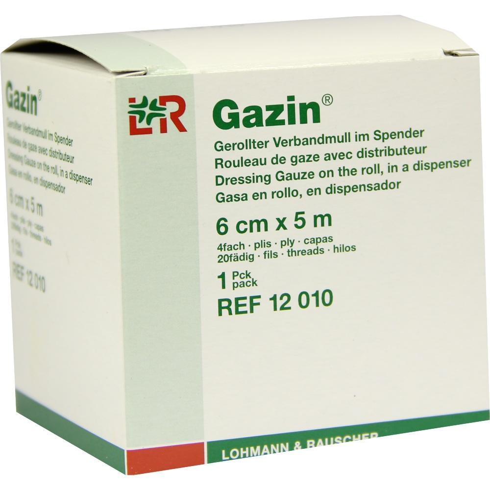 Wei&szlig;e Verpackung mit der Aufschrift "Gazin" f&uuml;r 6 cm x 5 m Mullrollen.