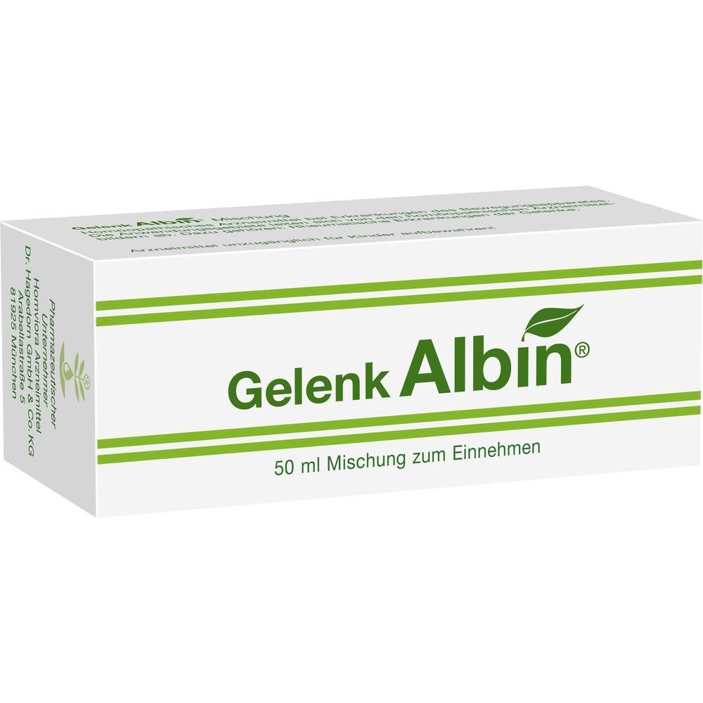 Wei&szlig;e Schachtel mit der Aufschrift "Gelenk Albin" und gr&uuml;nen Streifen.