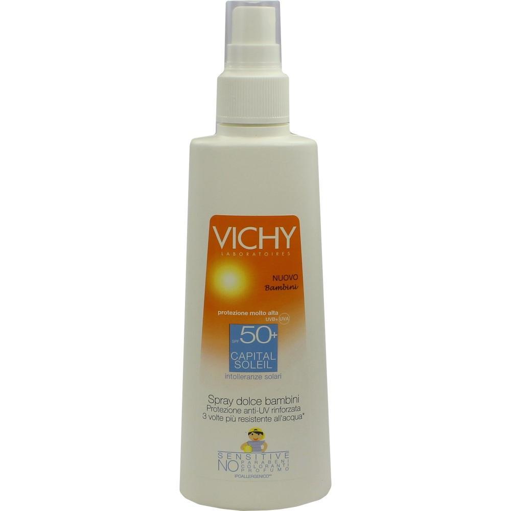 Eine weiße Flasche Vichy Sonnencreme mit Orangenschrift und Lichtschutzfaktor 50+.