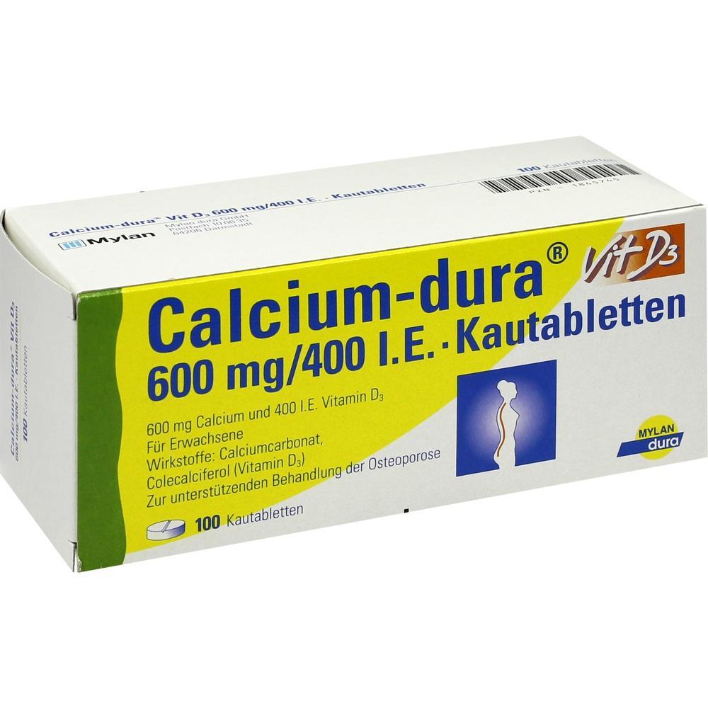 Schachtel mit Calcium- und Vitamin-D3-Kautabletten für Erwachsene.