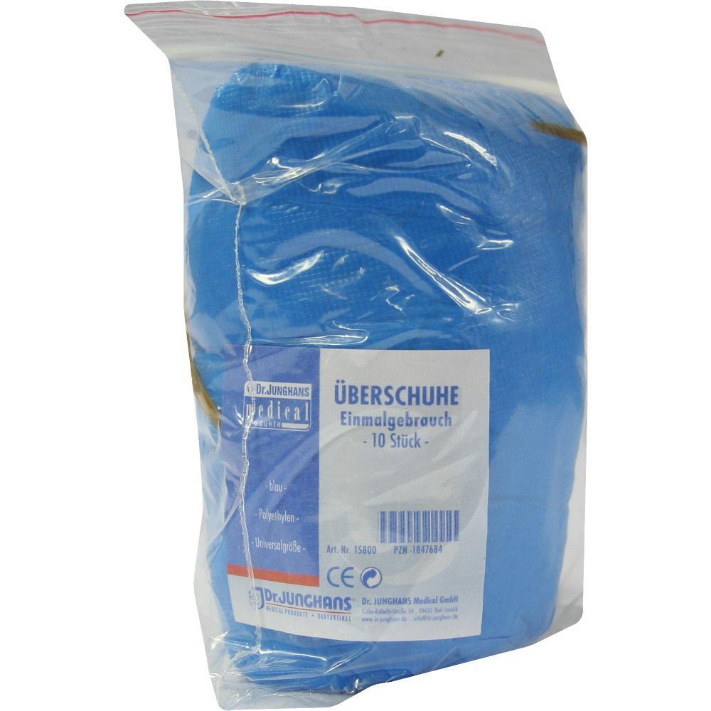 Eine Packung mit zehn blauen Einweg-Überschuhen aus Plastik.