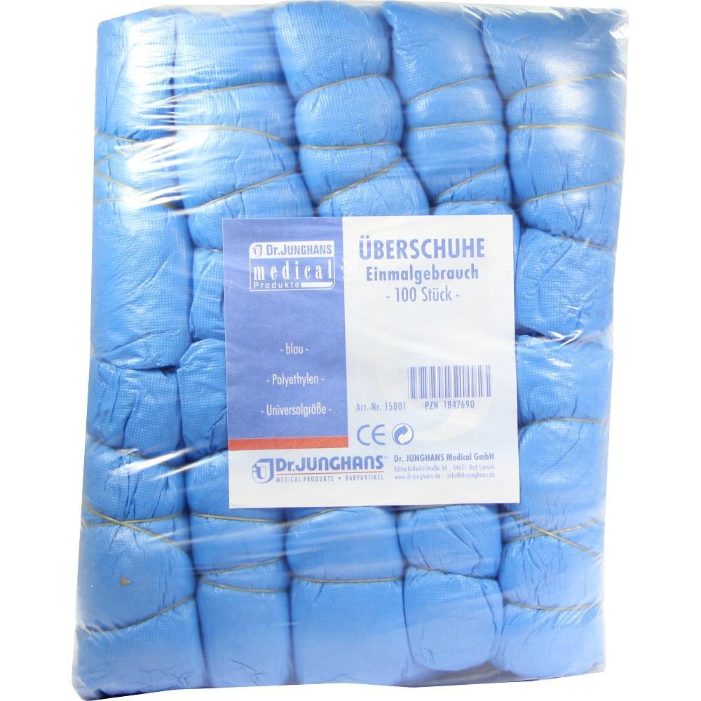 Eine Packung mit 100 blauen Einweg-Überschuhen aus Polyethylen.