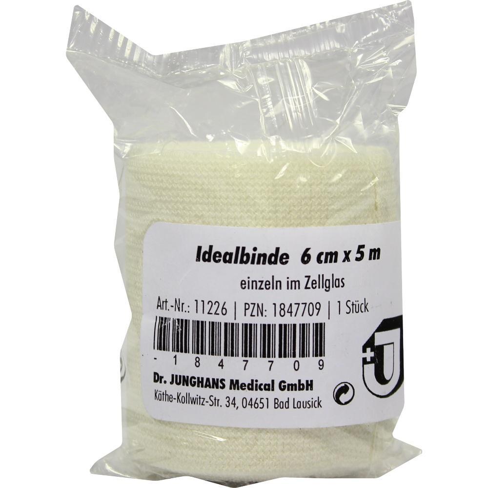 Eine weiße Idealbinde, 6 cm breit und 5 m lang, in Plastik verpackt.