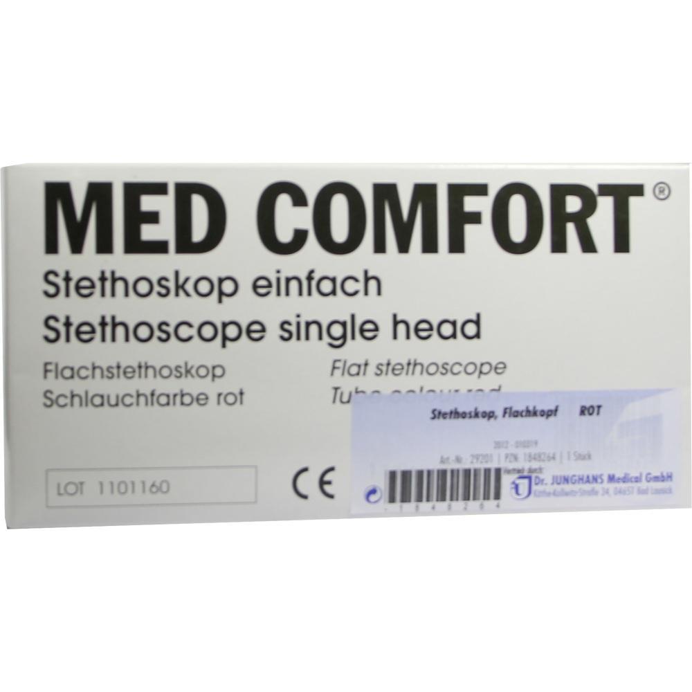 Die Verpackung zeigt ein rotes Flachstethoskop von Med Comfort.