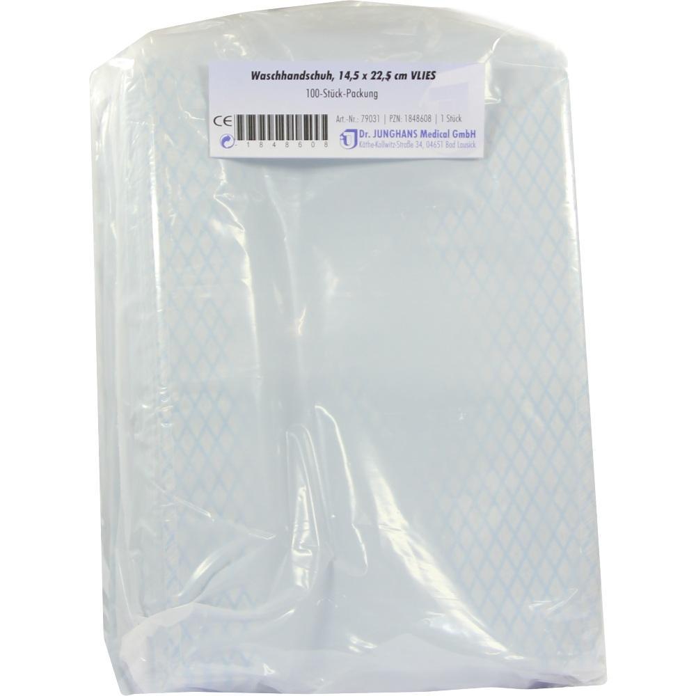 Verpackung mit Einweg-Waschhandschuhen aus Vliesstoff.