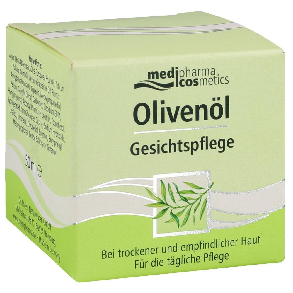 Grüne Verpackung einer Olivenöl-Gesichtspflege für trockene und empfindliche Haut.