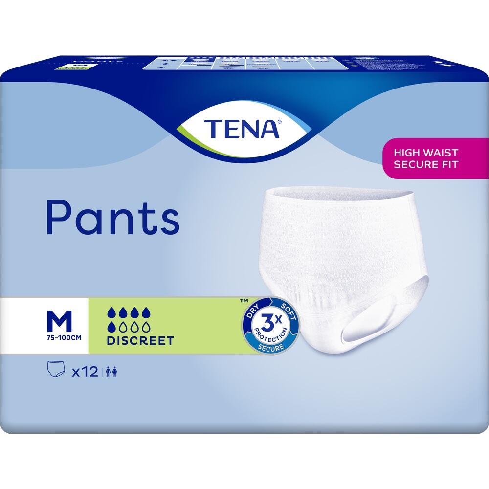 Auf der Packung steht "TENA Pants", es zeigt eine weiße Inkontinenzhose.