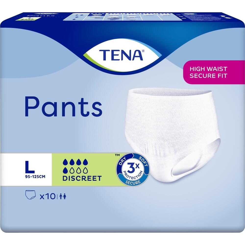 Packung von TENA Pants in Größe L mit Abbildung einer weißen Einweghose.