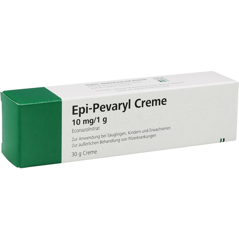Eine gr&uuml;n-wei&szlig;e Packung Epi-Pevaryl Creme gegen Pilzerkrankungen.