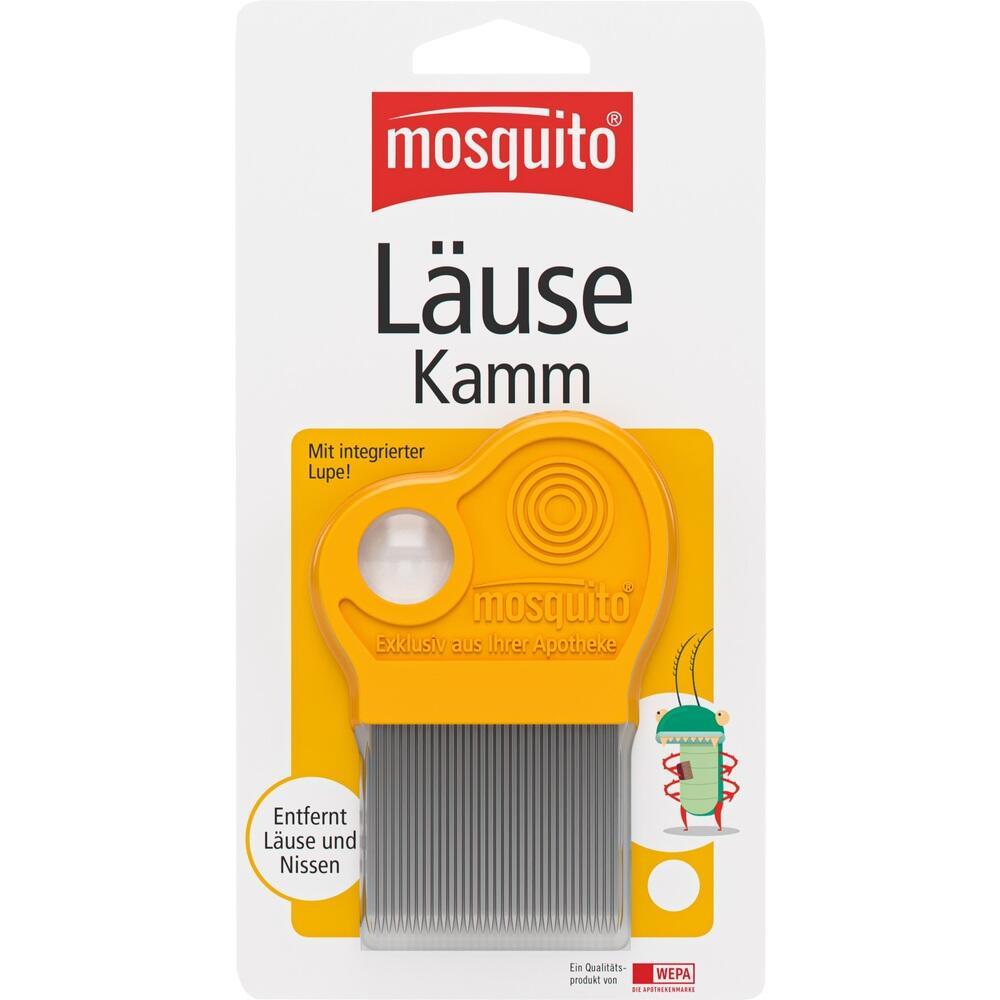 Ein gelber L&auml;usekamm mit integrierter Lupe auf einer Verpackung.