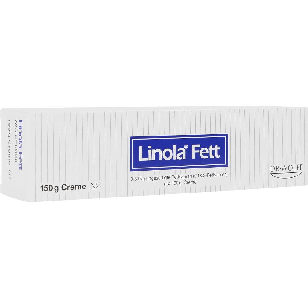 Weiße Box mit blauer Aufschrift "Linola Fett" und Text "150 g Creme".