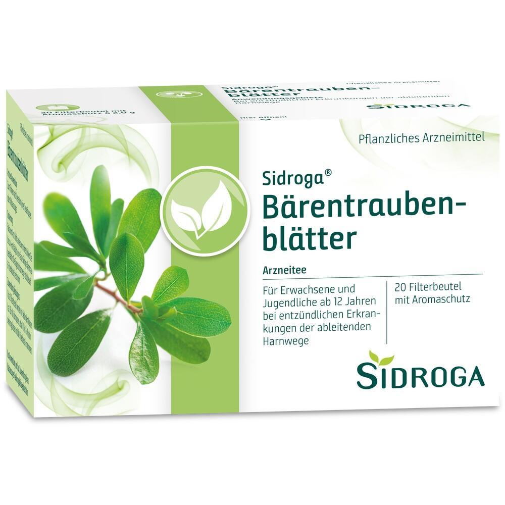 Packung von Sidroga Bärentraubenblätter-Arzneitee gegen Entzündungen der Harnwege.