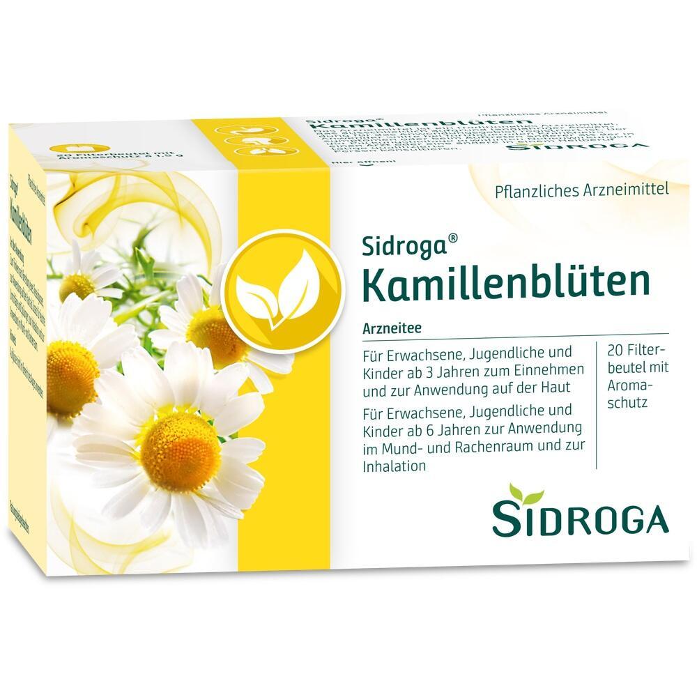 Packung Sidroga Kamillenblüten mit Abbildung von Kamillenblumen und Anwendungsinformationen.