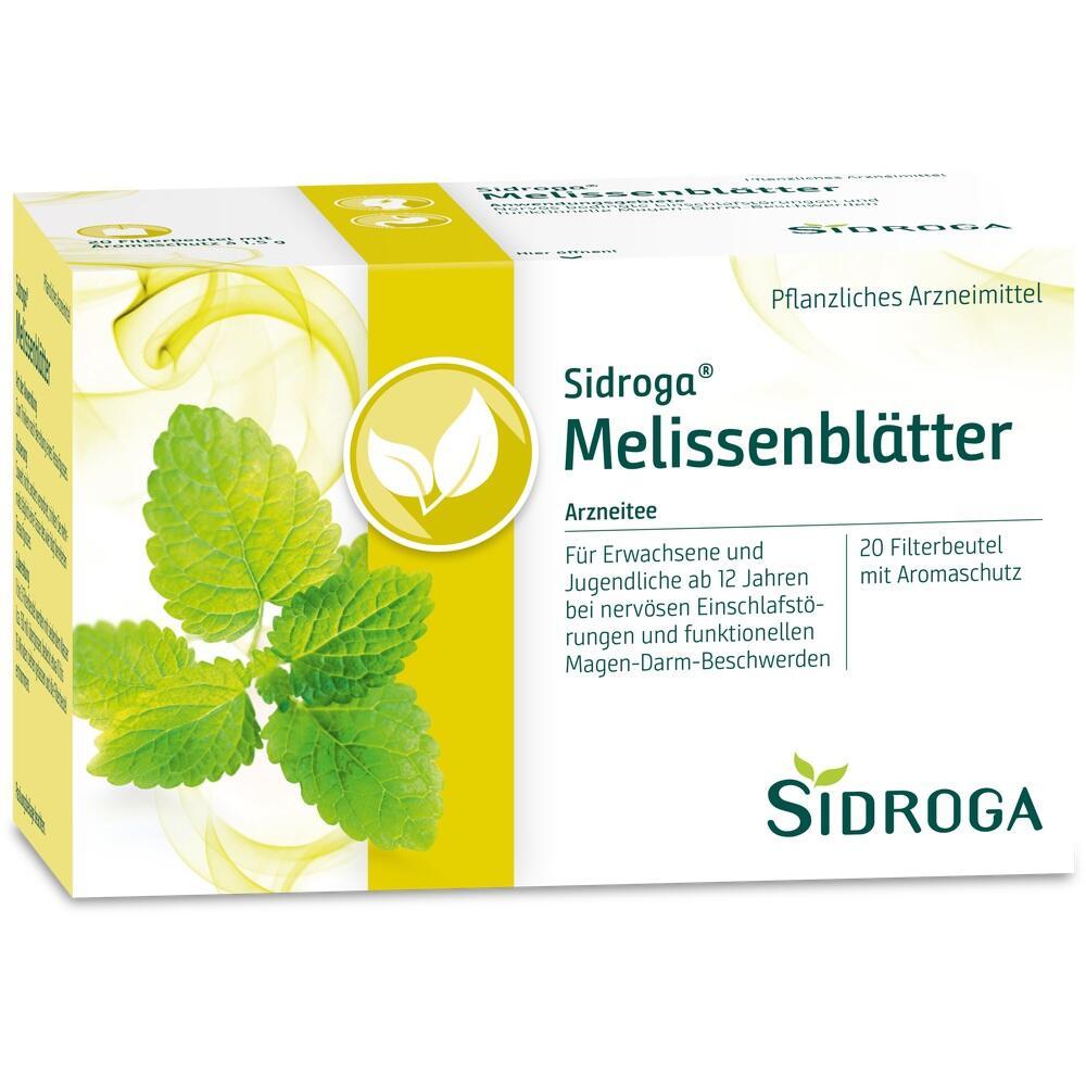 Verpackung von Sidroga Melissenblätter-Tee mit grünen Blättern auf gelbem Hintergrund.