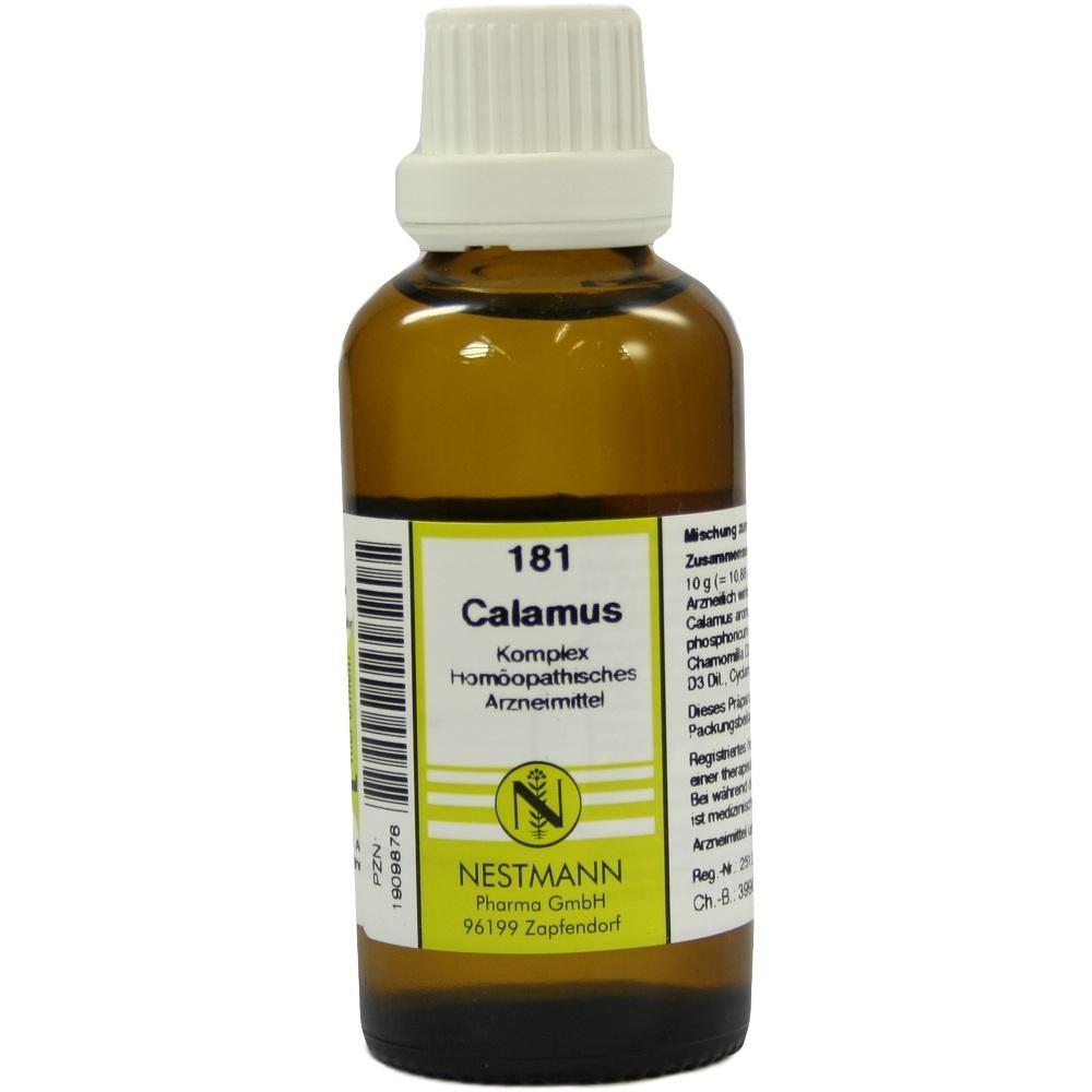 Braune Glasflasche mit wei&szlig;em Deckel und Etikett &bdquo;Calamus hom&ouml;opathisches Arzneimittel&ldquo;.