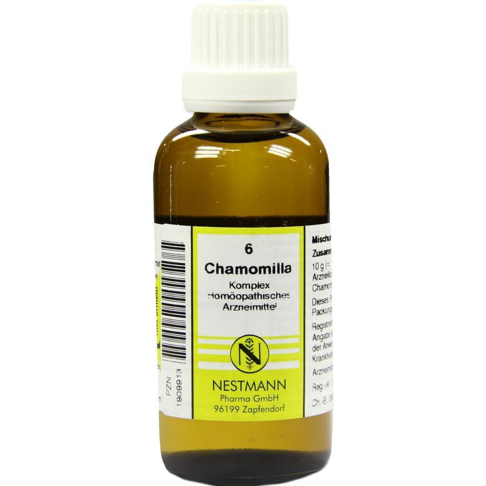 Braune Flasche mit wei&szlig;em Etikett und der Aufschrift "Chamomilla".