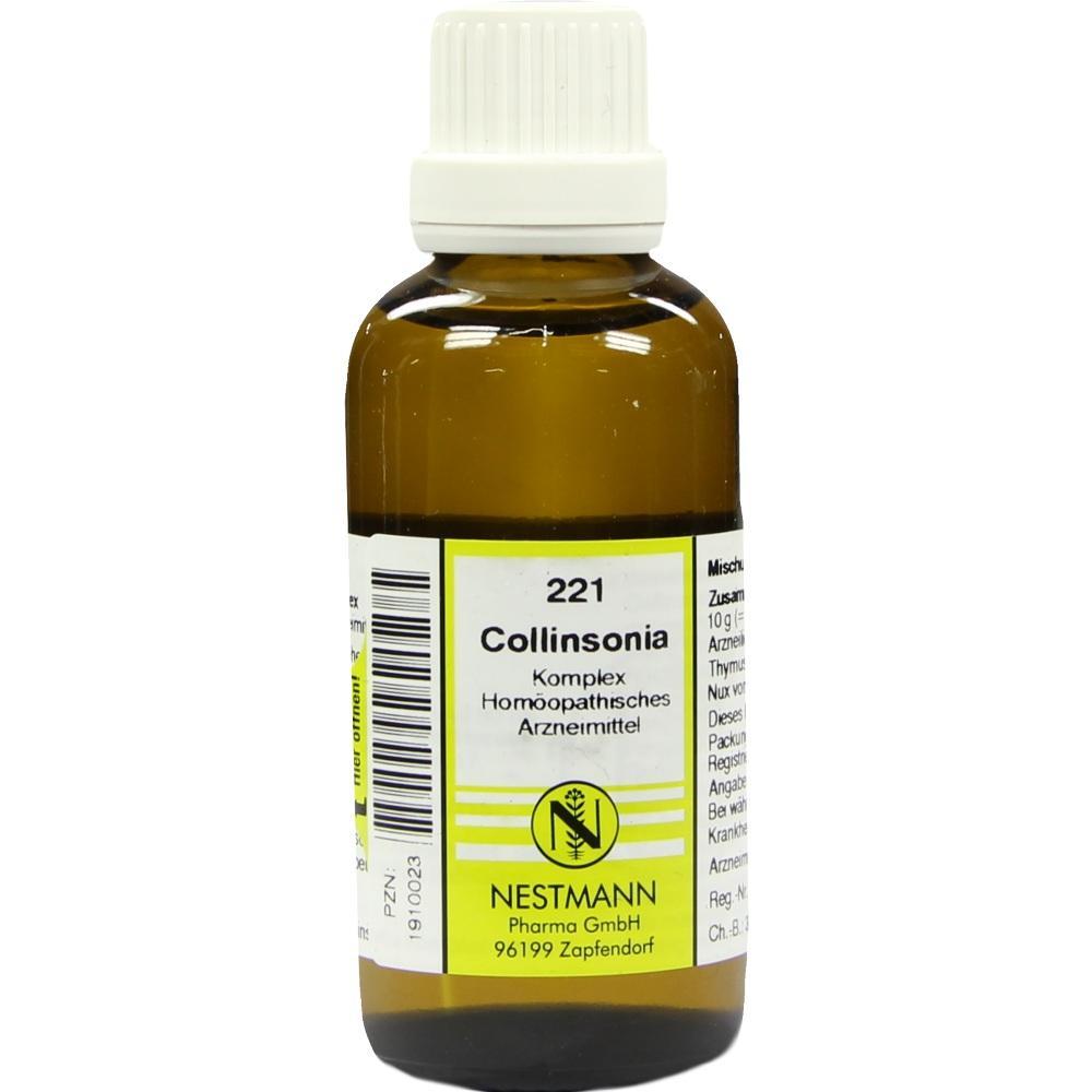 Braune Flasche mit Etikett f&uuml;r ein hom&ouml;opathisches Arzneimittel namens Collinsonia.