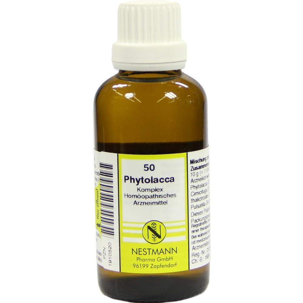 Braune Flasche mit wei&szlig;em Deckel und Etikett, das "Phytolacca" zeigt.