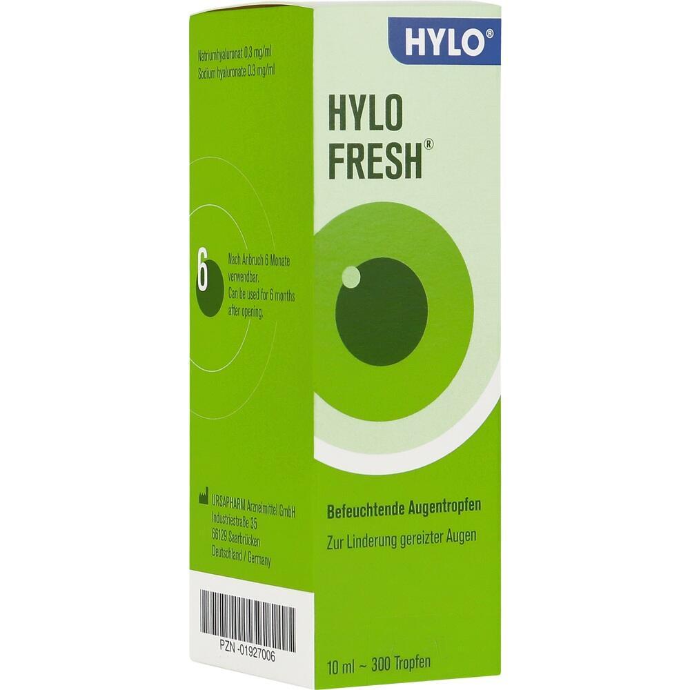 Gr&uuml;ne Verpackung von Hylo Fresh Augentropfen f&uuml;r gereizte Augen.
