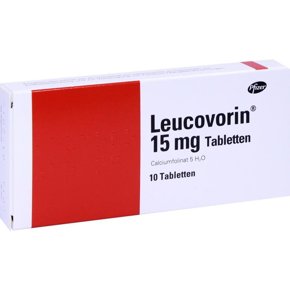 Eine Medikamentenschachtel f&uuml;r Leucovorin 15 mg Tabletten.