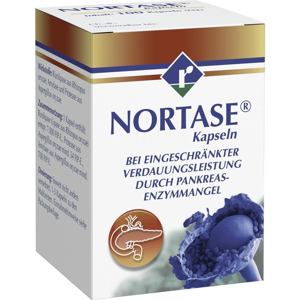 Verpackung von Nortase Kapseln zur Unterst&uuml;tzung der Verdauung bei Enzymmangel.