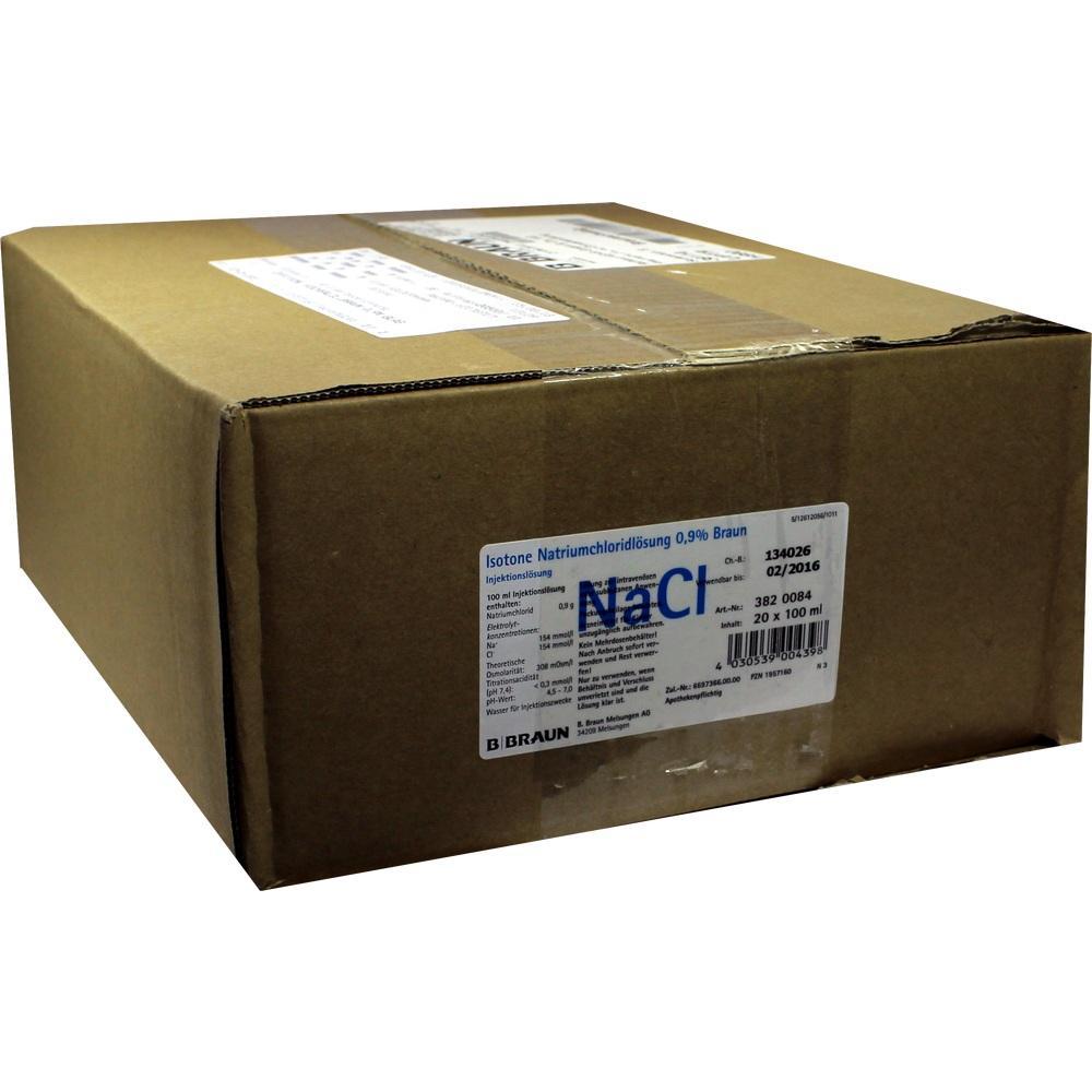 Ein brauner Karton mit einem Etikett f&uuml;r Natriumchloridl&ouml;sung.