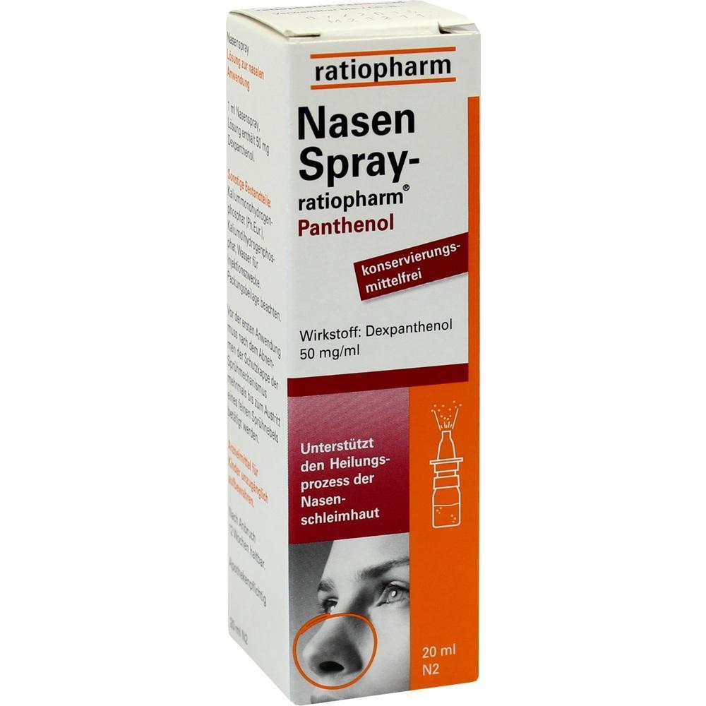 Eine weiße Packung Nasenspray von Ratiopharm mit orangen Details.