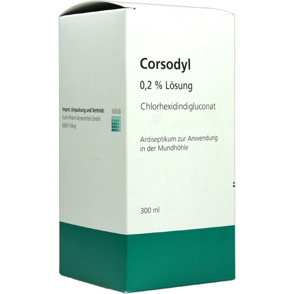 Eine wei&szlig;e Verpackung f&uuml;r ein Mundantiseptikum namens Corsodyl.