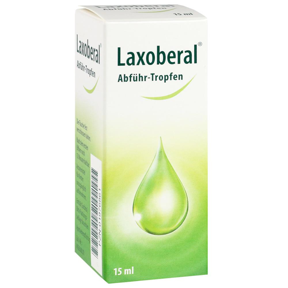 Weiße Verpackung mit grüner Aufschrift "Laxoberal Abführ-Tropfen" und einem grünen Tropfen.