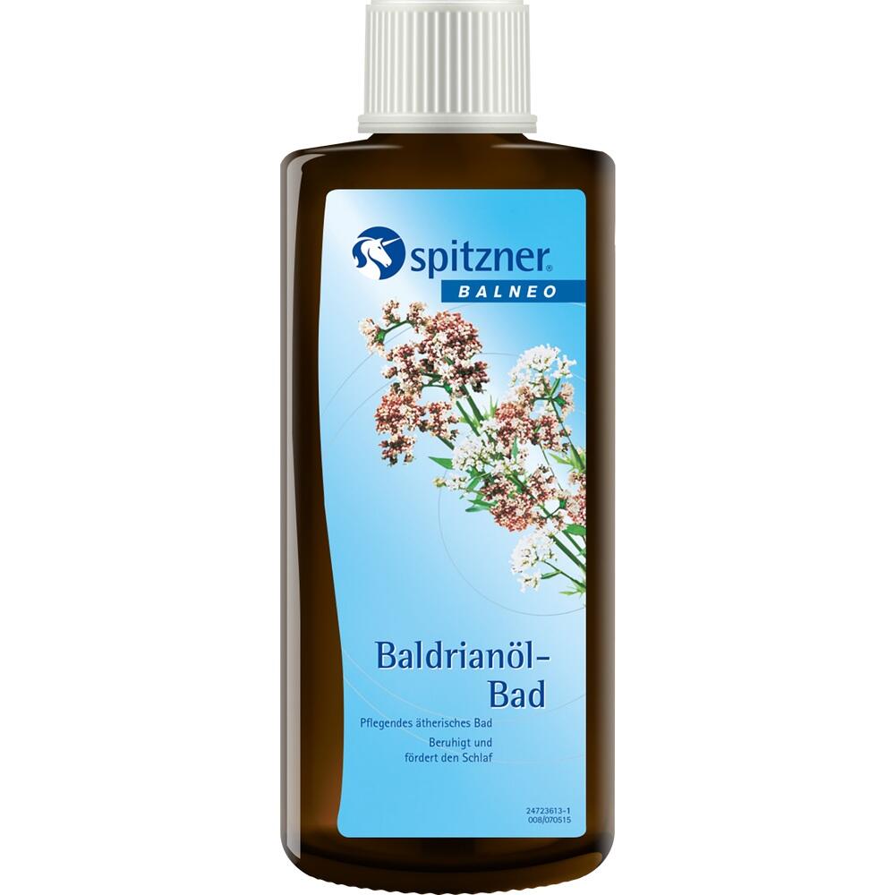 Braune Flasche mit einem Etikett für Baldrianöl-Bad zur Entspannung und Schlafhilfe.