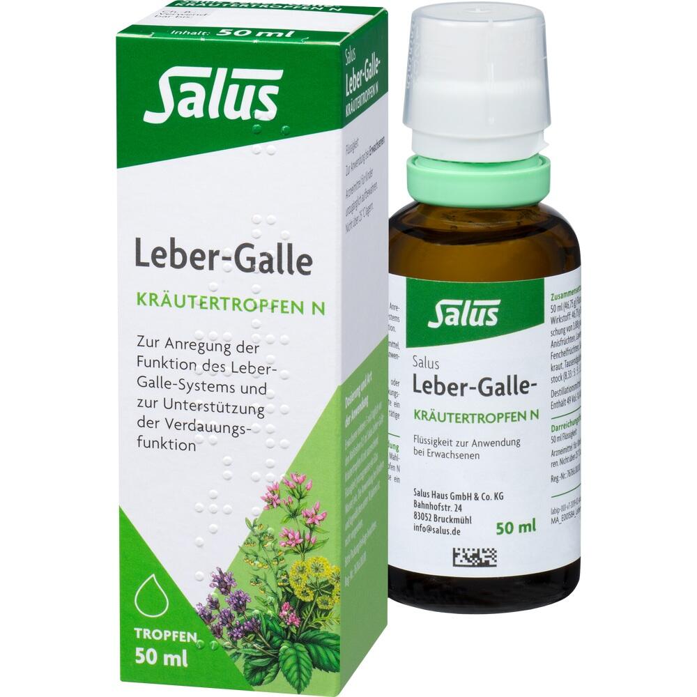 Eine Flasche und Verpackung von Salus Leber-Galle Kr&auml;utertropfen.