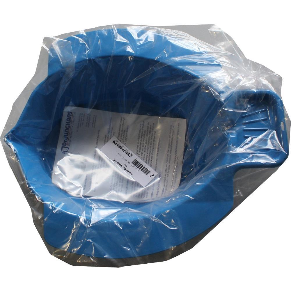 Eine blaue Plastikschüssel ist in Folie verpackt.