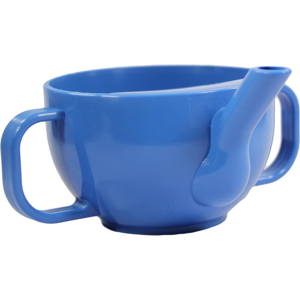 Blaue Trinklerntasse mit zwei Griffen und einem Schnabel.
