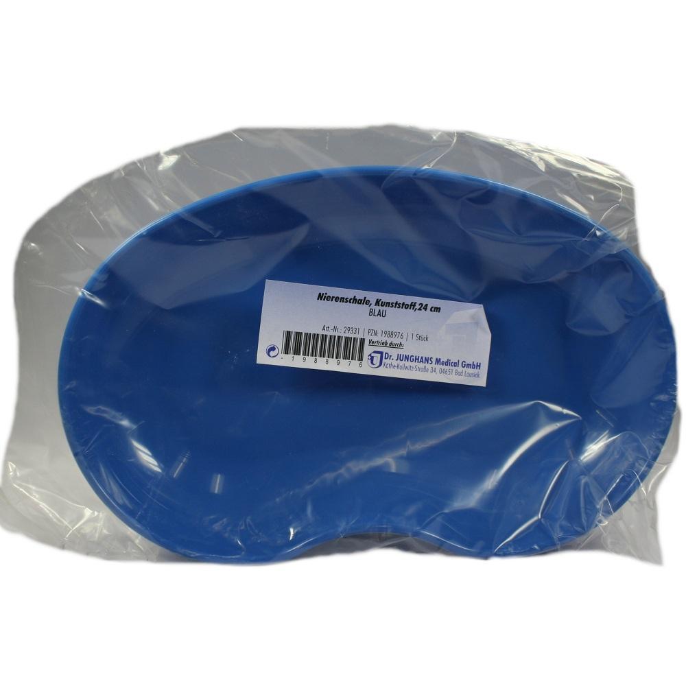 Blaue Nierenschale aus Kunststoff in einer durchsichtigen Plastikverpackung.