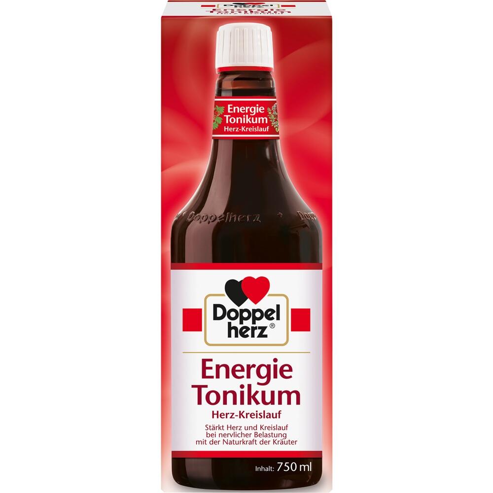 Eine Flasche Doppelherz Energie Tonikum für Herz und Kreislauf steht vor rotem Hintergrund.