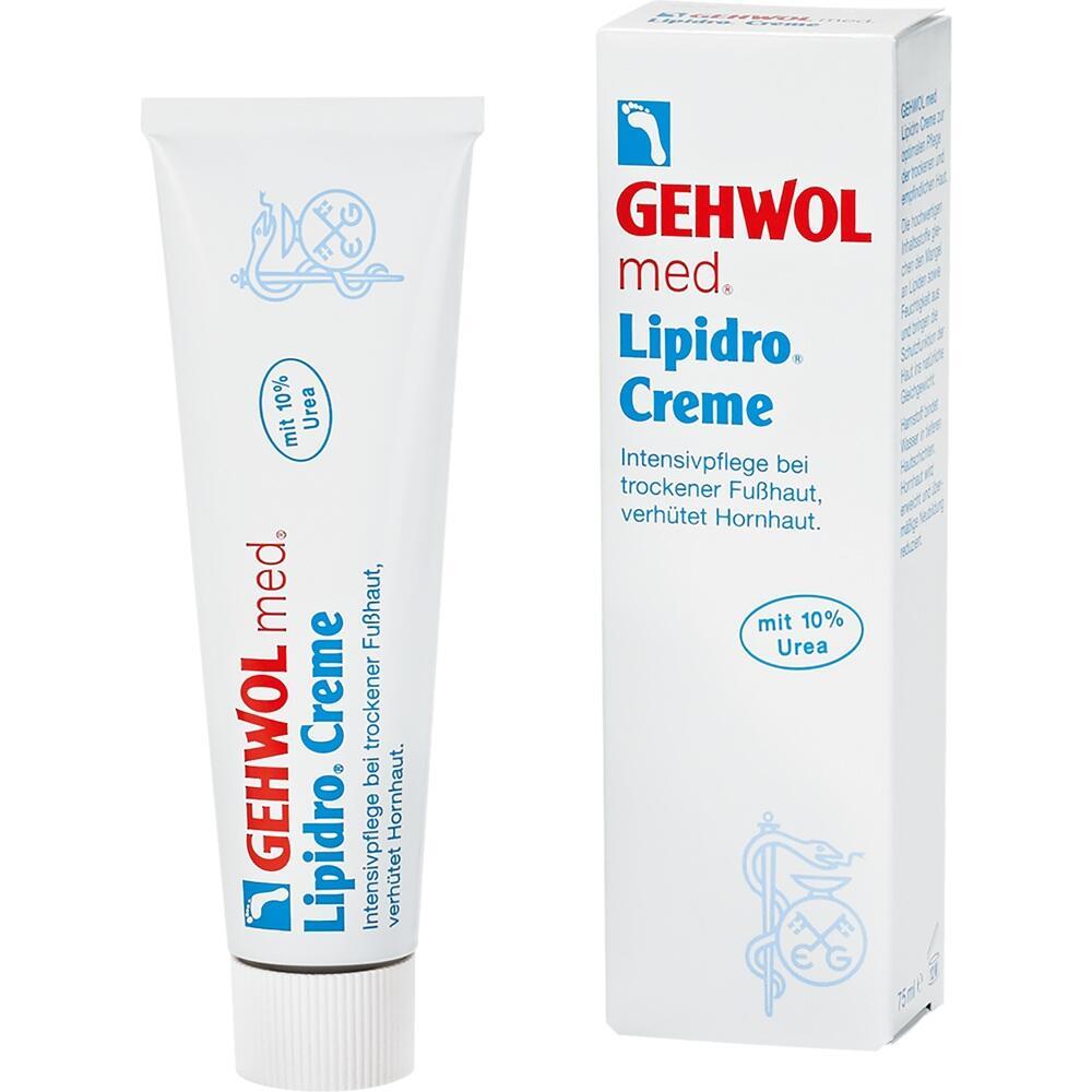 Eine Tube und Packung mit Creme für trockene Füße von Gehwol.