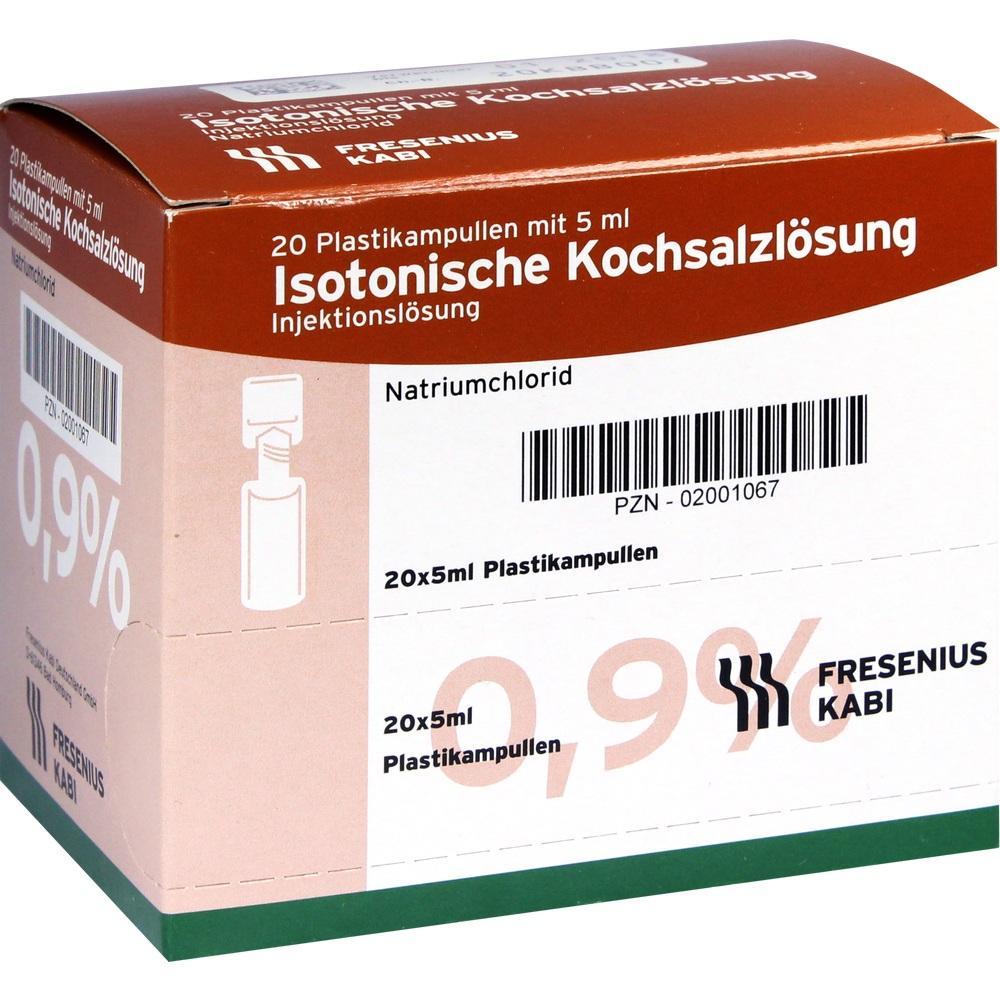 Eine Packung mit 20 Plastikampullen Kochsalzl&ouml;sung f&uuml;r Injektionen.