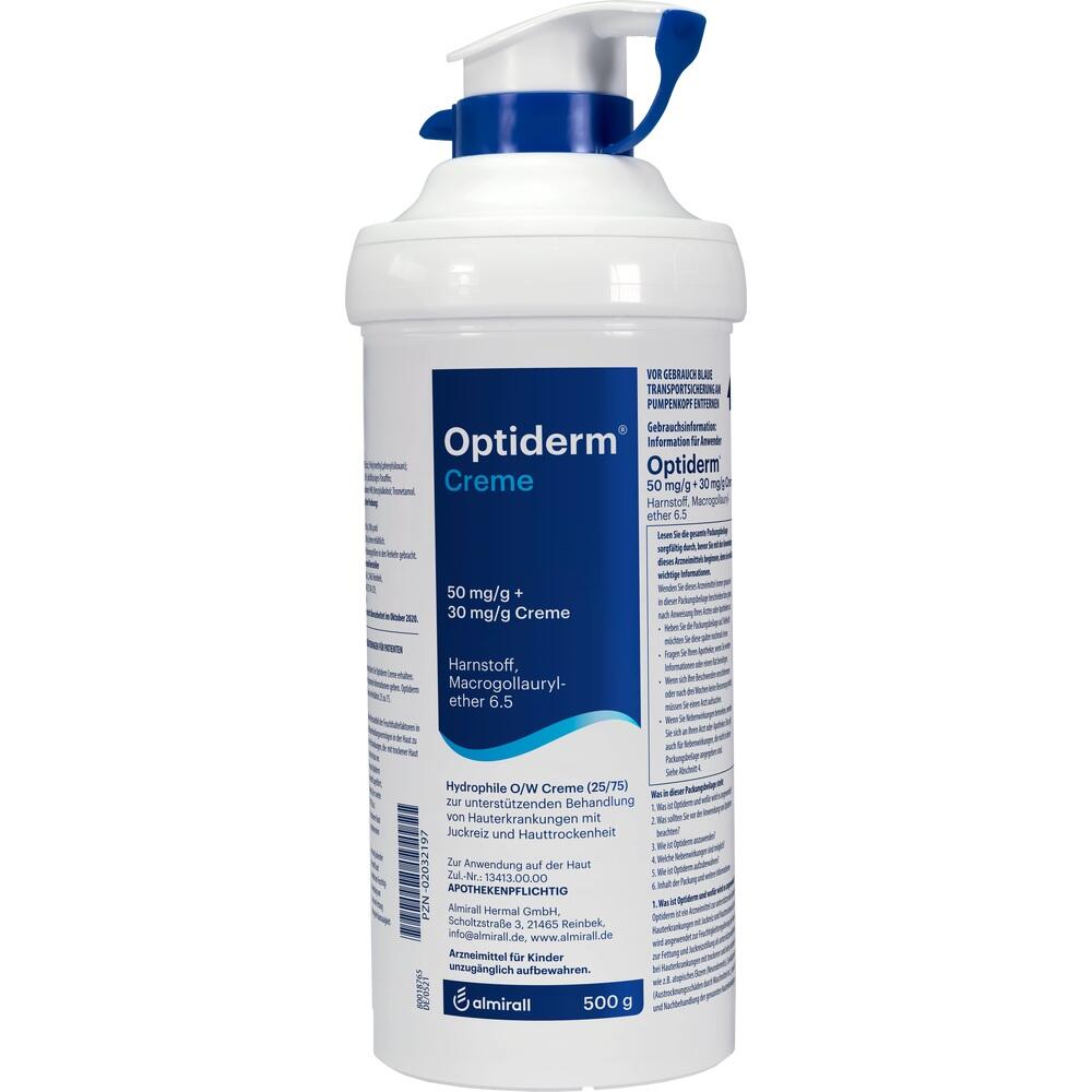 Wei&szlig;e Flasche mit der Aufschrift "Optiderm Creme" und blauer Pumpe oben.