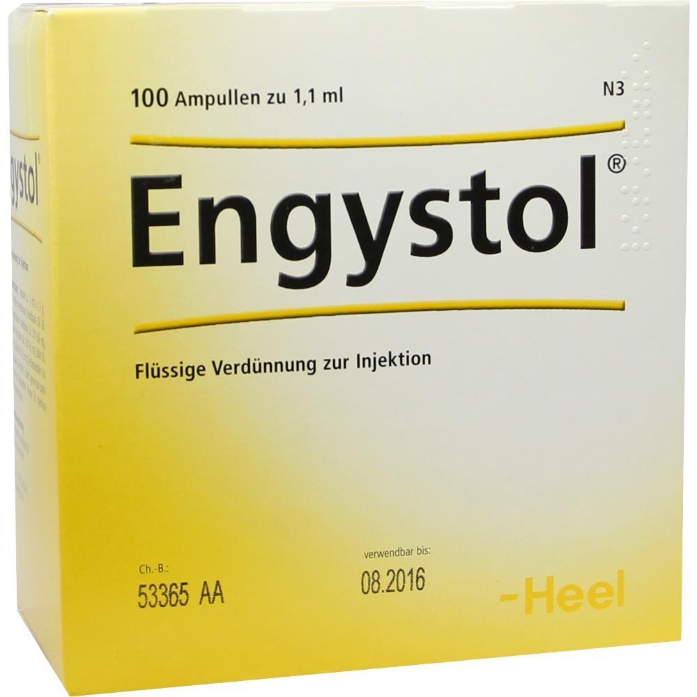 Gelbe Verpackung von Engystol mit 100 Ampullen zur Injektion.