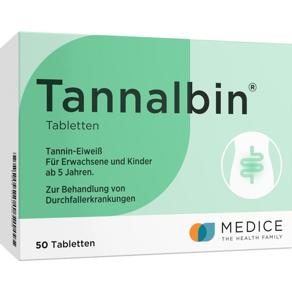 Gr&uuml;ne Packung Tannalbin Tabletten zur Behandlung von Durchfall, geeignet ab 5 Jahren.