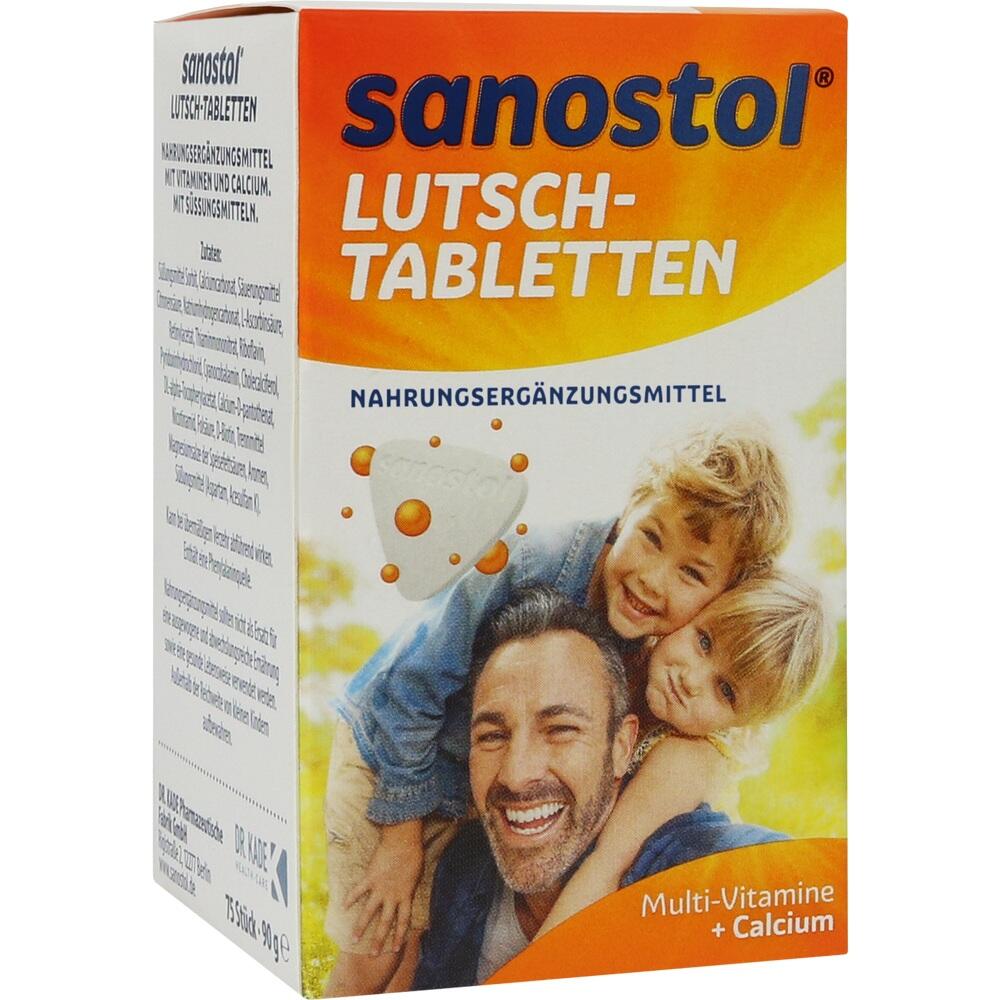Packung mit Lutschtabletten als Nahrungsergänzungsmittel, zeigt eine lächelnde Familie.