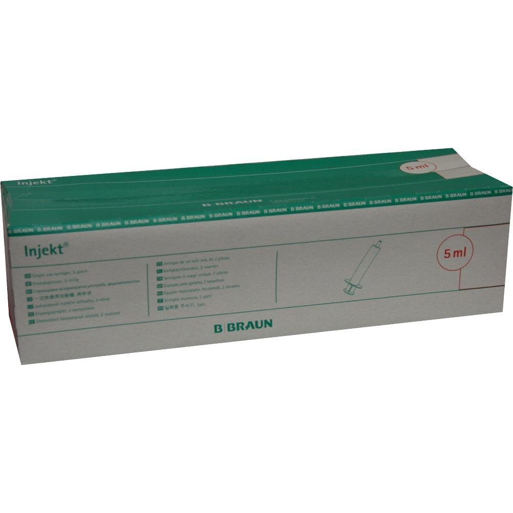 Eine gr&uuml;ne und graue Schachtel einer 5 ml Einmalspritze der Marke B Braun.