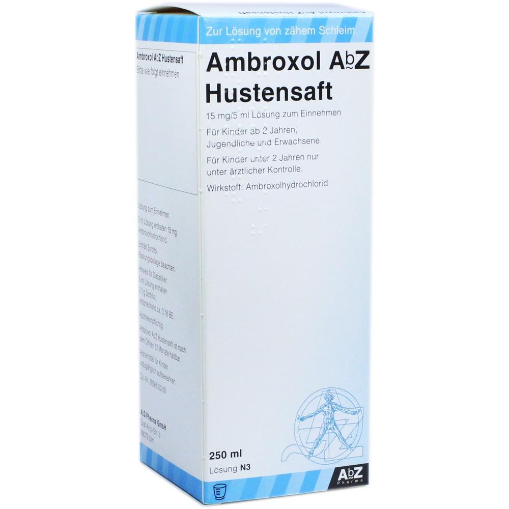 Eine Packung Ambroxol Hustensaft für Kinder und Erwachsene.