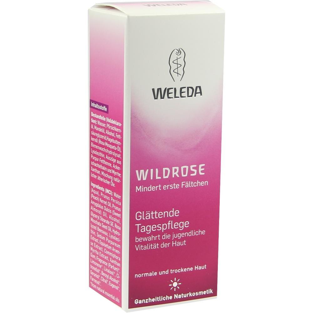 Pinkfarbene Weleda-Verpackung für glättende Tagespflege mit Wildrosenextrakt.