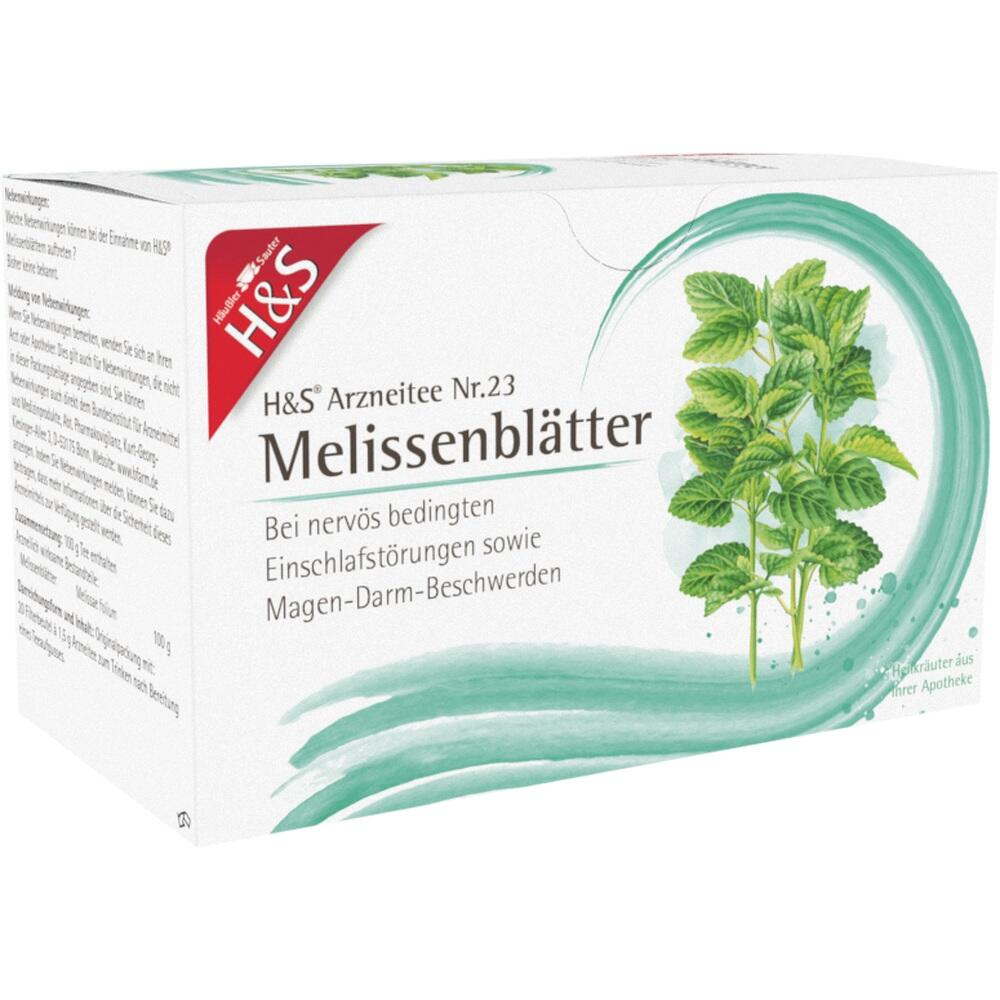 Die Packung zeigt Arzneitee mit Melissenblättern zur Beruhigung und gegen Magen-Darm-Beschwerden.