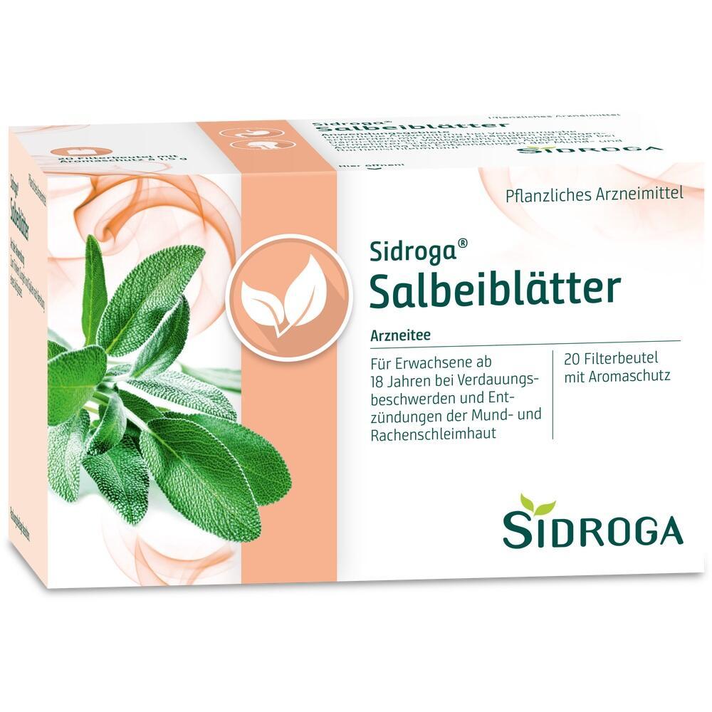 Verpackung von Sidroga Salbeiblätter-Arzneitee, 20 Teebeutel für Erwachsene.