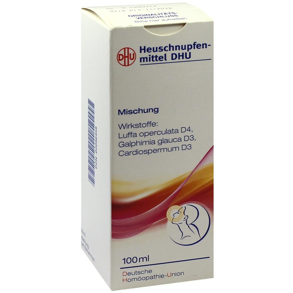 Weiße Packung eines homöopathischen Heuschnupfenmittels der Marke DHU, 100 ml.
