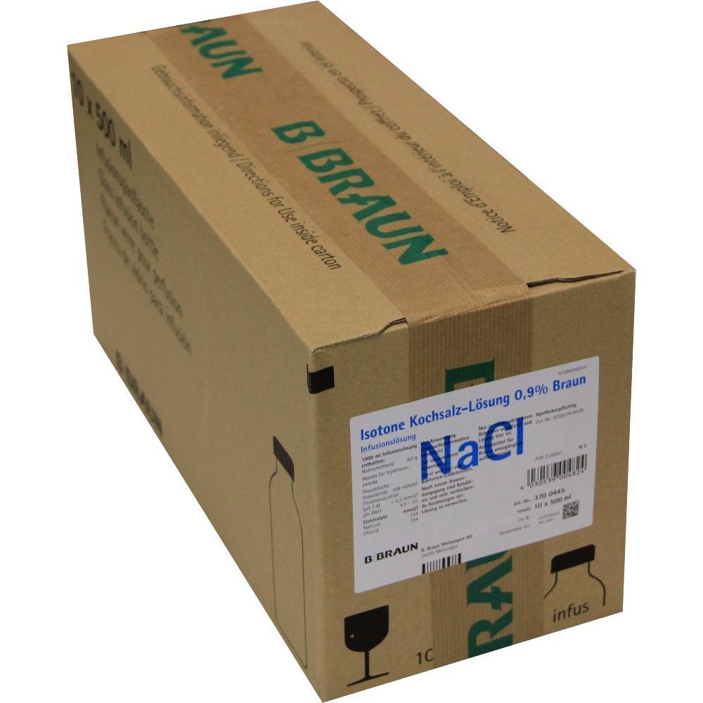 Brauner Karton mit Aufschrift "B. Braun" und Etikett f&uuml;r isotone Kochsalzl&ouml;sung.