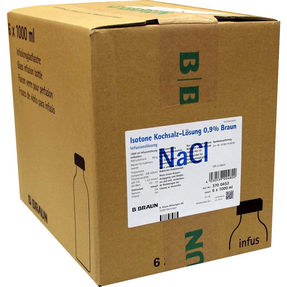 Ein brauner Karton mit Etikett f&uuml;r 0,9% Kochsalzl&ouml;sung.